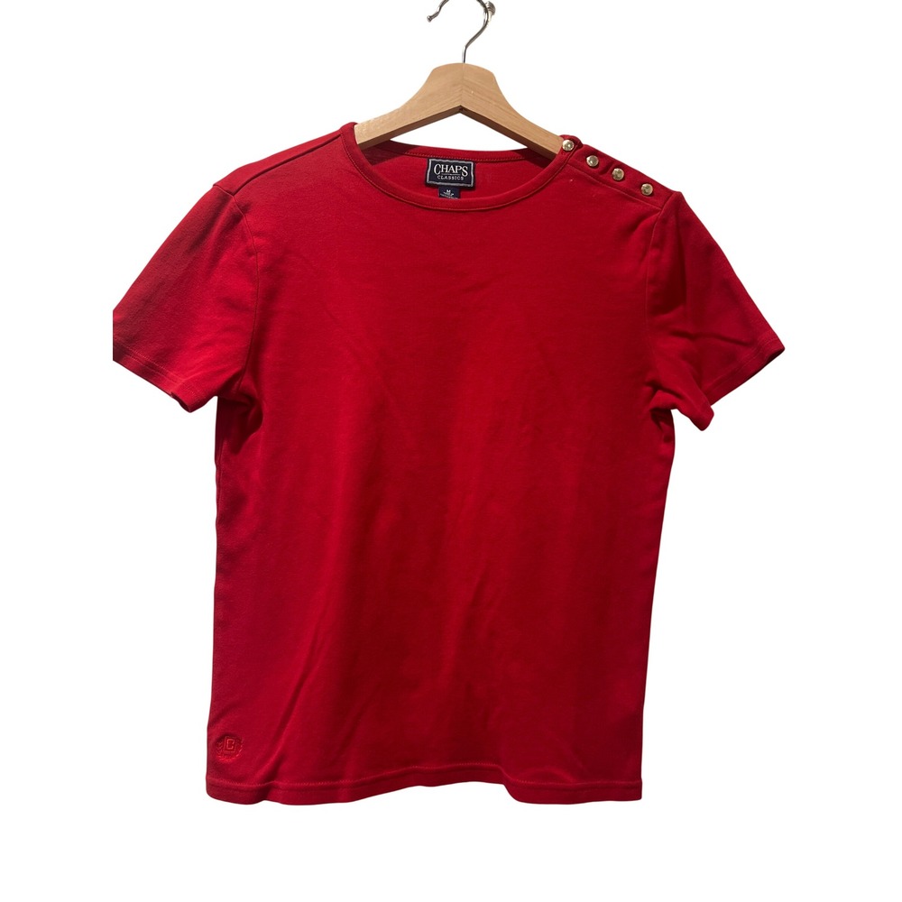 Chaps Nautical Women's Medium Top Red Gold Buttons Short Sleeve Cotton Preppy